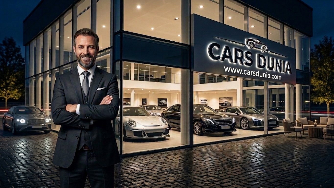 A professional car dealership CEO standing in front of the modern luxury Cars Dunia glass showroom with premium luxury cars at night.