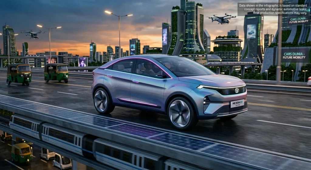 Tata Nexon 2026 Cost in India & Price Table Futuristic Tata Nexon EV 2026 concept model driving on a smart highway